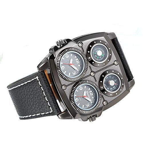 Avaner Mens Punk Watch, Unique Big Face Dual Time Zone Wristwatch, Analog Quartz Leather Strap Sport Watches with Decorative Compass and Thermometer Dial - Image 2