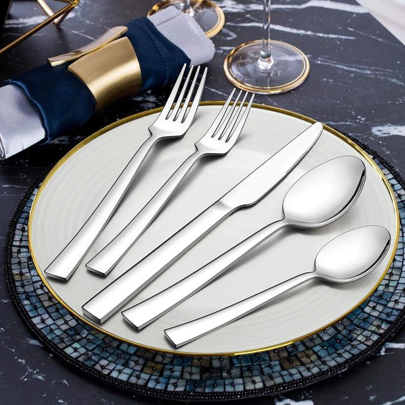 LIANYU 50Piece Silverware Set Stainless Steel Square Flatware Cutlery Set for 10 Eating Utensils Tableware Mirror Finish Dishwasher Safe - Image 3
