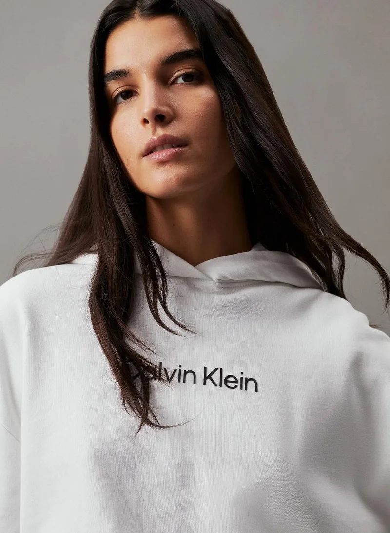 Calvin Klein Bright White Cotton Terry Logo Hoodie for Women | Best Price UAE