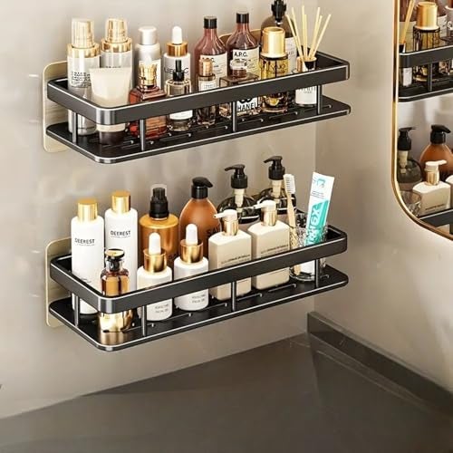 Clyton Metal Pack of 2 Self Adhesive Shelf for Washroom Dressing/Livingroom Without Drilling Shelves Rack Holder Stand Storage Organiser Accessories(12x5 inches, Pack of 2,Matt Black) - Image 1