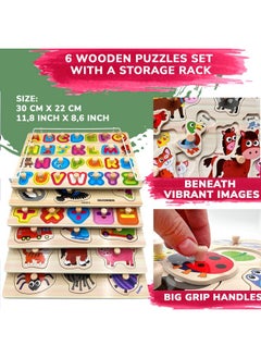 quokka Wooden Puzzles For Toddlers 1-3 - 6Xset Toddler Puzzles Ages 2-4 With Rack - Learning Alphabet, Numbers And Animals Toy Puzzles For Toddlers 3-5 - Wood Games Gift For Boys And Girls  - Image 2