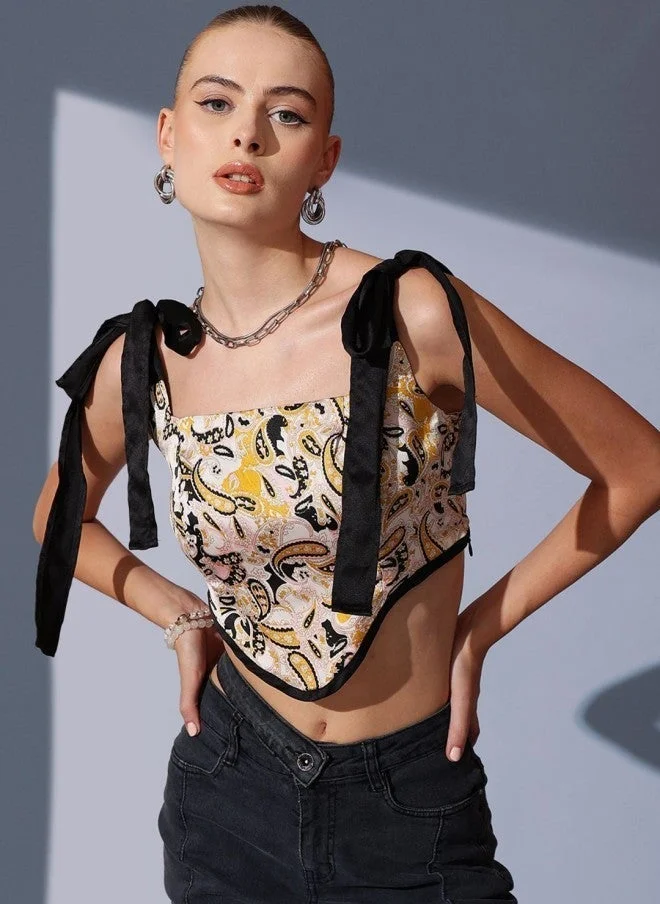 STREET 9 بلوزة ساتان نسائية بطبعات عرقية بتصميم عالي ومنخفض