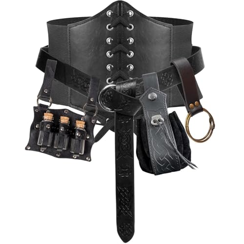 KOTORA 5PCS Renaissance Costume Sets Corset Waistband Belt Pouch Coin Purse Potion Bottle Vials Skirt Hike Medieval Cosplay 1Black XLWaist 3946 - Image 1