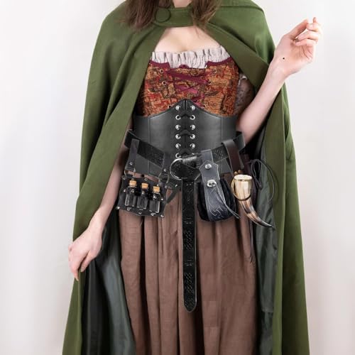 KOTORA 5PCS Renaissance Costume Sets Corset Waistband Belt Pouch Coin Purse Potion Bottle Vials Skirt Hike Medieval Cosplay 1Black XLWaist 3946 - Image 3