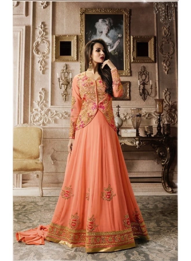 fiona Women's Ethnic Peach Embroidered Semi-Stitched Anarkali Gown with Jacket-Style Bodice - Image 2