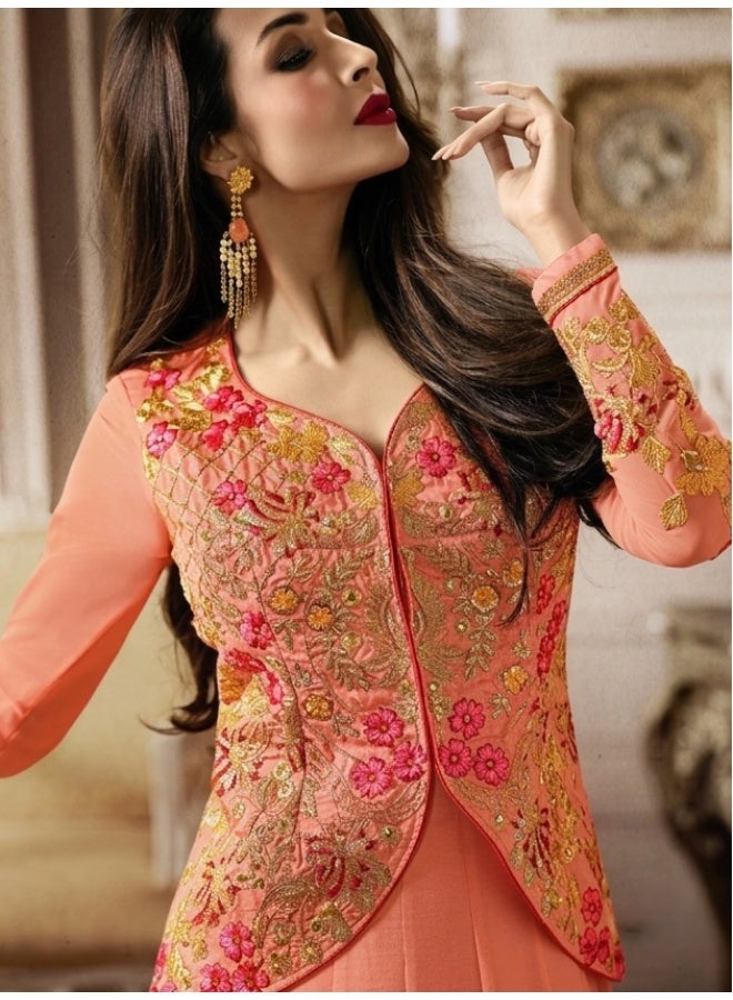 fiona Women's Ethnic Peach Embroidered Semi-Stitched Anarkali Gown with Jacket-Style Bodice - Image 1