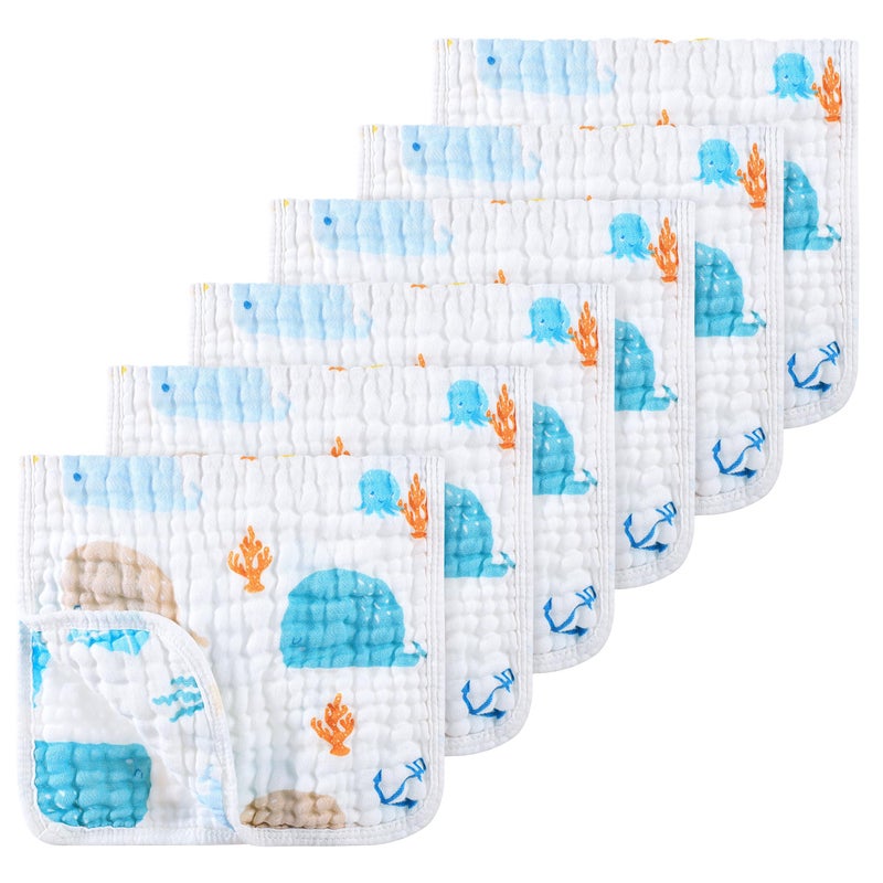 Looxii Muslin Burp Cloths 100% Cotton Muslin Cloths Large 20''x10'' Extra Soft and Absorbent 6 Pack Baby Burping Cloth (Whale) - Image 1