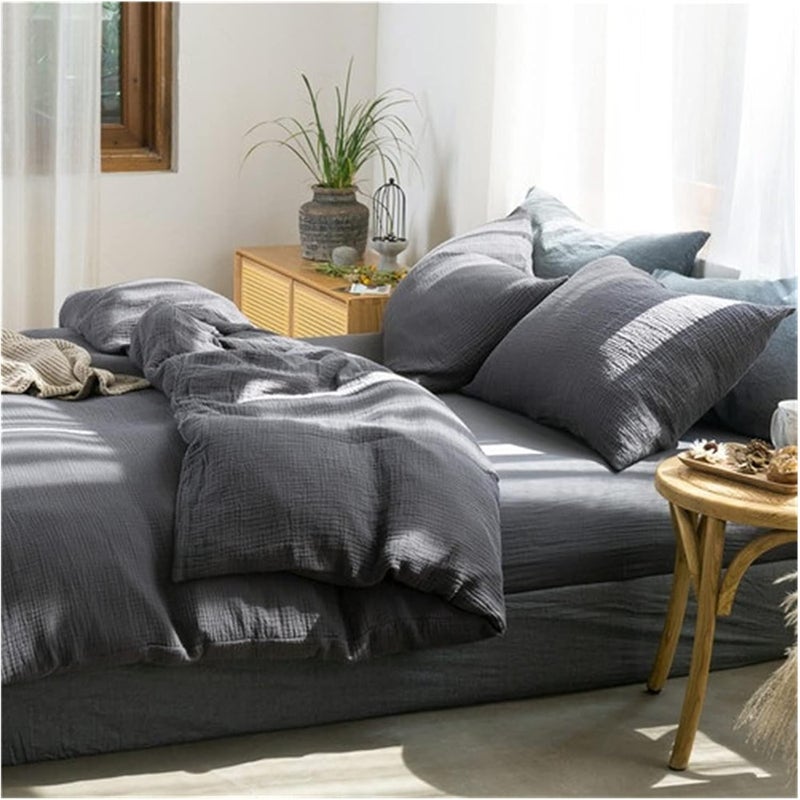 Three-Layer Yarn Cotton Four-Piece Gauze Soft Breathable Bare Sleeping Skin-Friendly Bed Sheet Quilt Cover Home Textile(Gray,1.8 m bed-41) - Image 1