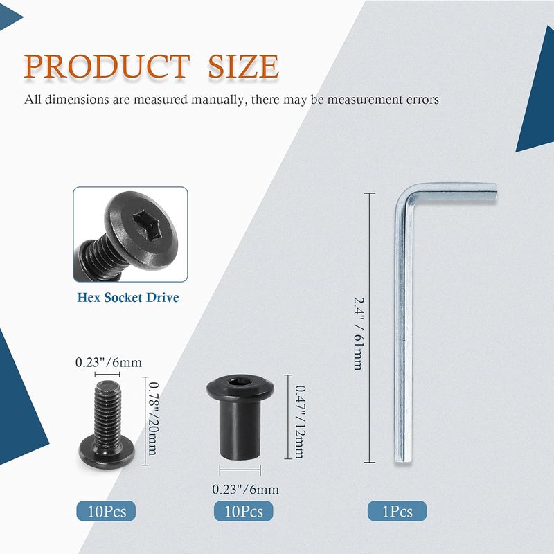 Jersvimc 10 Pair(20 Piece) M6x20mm Hex Drive Socket Cap Bolt with Allen Wrench, Black Furniture Connector Bolts M6 Countersunk Screw Barrel Nuts Binding Screws for Crib Replacement Belt Cabinet - Image 3