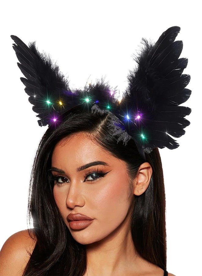 Fdesigner رباط رأس جناح الريشة من Fdesigner باللون الأسود مع إضاءة - رباط رأس الجنية - رباط شعر زي الجان والملائكة - إكسسوارات شعر متوهجة للنساء (أسود) - Image 1