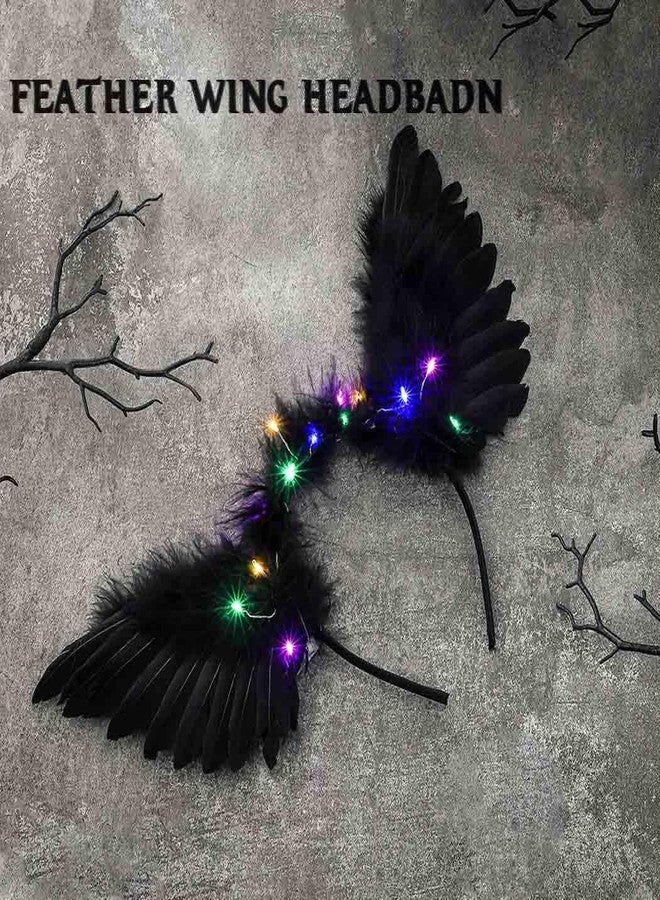 Fdesigner رباط رأس جناح الريشة من Fdesigner باللون الأسود مع إضاءة - رباط رأس الجنية - رباط شعر زي الجان والملائكة - إكسسوارات شعر متوهجة للنساء (أسود) - Image 2