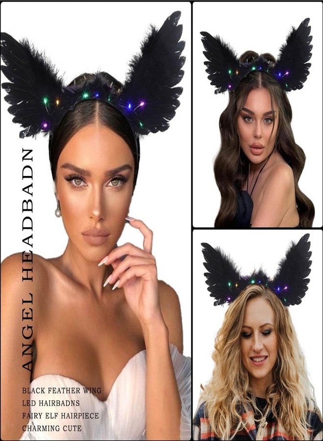 Fdesigner رباط رأس جناح الريشة من Fdesigner باللون الأسود مع إضاءة - رباط رأس الجنية - رباط شعر زي الجان والملائكة - إكسسوارات شعر متوهجة للنساء (أسود) - Image 3