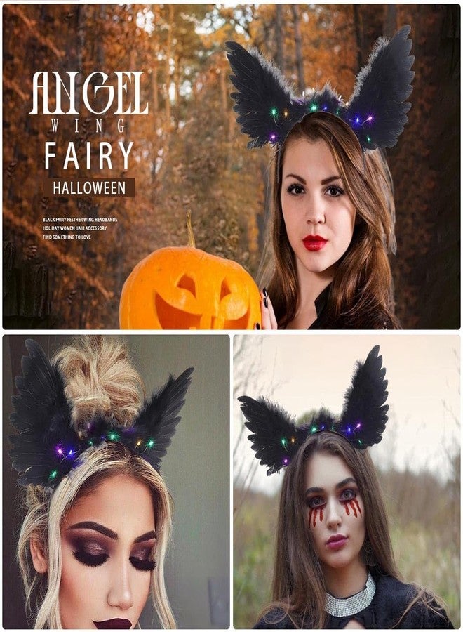 Fdesigner رباط رأس جناح الريشة من Fdesigner باللون الأسود مع إضاءة - رباط رأس الجنية - رباط شعر زي الجان والملائكة - إكسسوارات شعر متوهجة للنساء (أسود) - Image 5