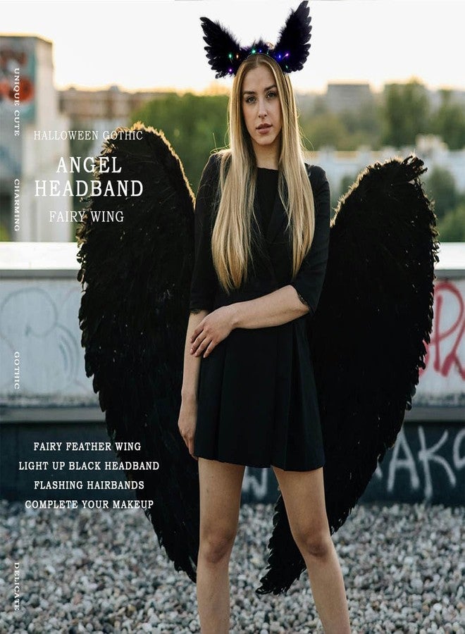 Fdesigner رباط رأس جناح الريشة من Fdesigner باللون الأسود مع إضاءة - رباط رأس الجنية - رباط شعر زي الجان والملائكة - إكسسوارات شعر متوهجة للنساء (أسود) - Image 4