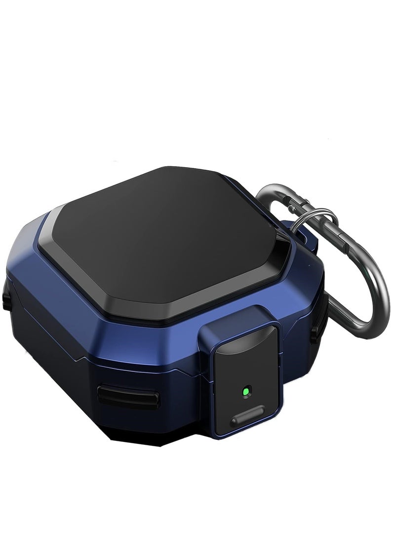 360 جراب حماية لعلبة السماعات صلب ومضاد للصدمات بتغطية كاملة [قفل محكم] للرجال والنساء بسلسلة مفاتيح لسماعات سامسونج جالاكسي بادز برو/ جالاكسي بادز لايف/ بادز 2 - اسود / ازرق - Image 1