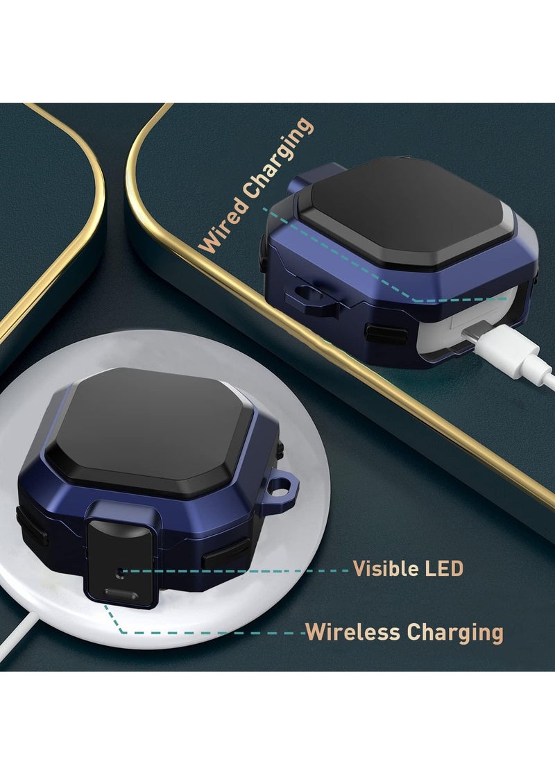 360 جراب حماية لعلبة السماعات صلب ومضاد للصدمات بتغطية كاملة [قفل محكم] للرجال والنساء بسلسلة مفاتيح لسماعات سامسونج جالاكسي بادز برو/ جالاكسي بادز لايف/ بادز 2 - اسود / ازرق - Image 3