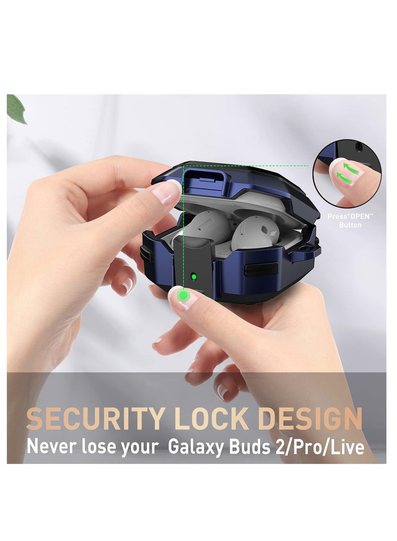 360 جراب حماية لعلبة السماعات صلب ومضاد للصدمات بتغطية كاملة [قفل محكم] للرجال والنساء بسلسلة مفاتيح لسماعات سامسونج جالاكسي بادز برو/ جالاكسي بادز لايف/ بادز 2 - اسود / ازرق - Image 2