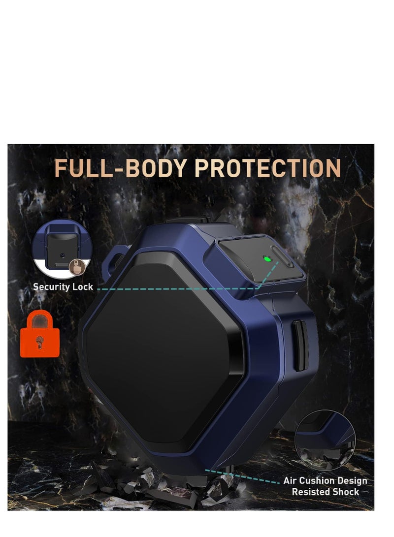 360 جراب حماية لعلبة السماعات صلب ومضاد للصدمات بتغطية كاملة [قفل محكم] للرجال والنساء بسلسلة مفاتيح لسماعات سامسونج جالاكسي بادز برو/ جالاكسي بادز لايف/ بادز 2 - اسود / ازرق - Image 4