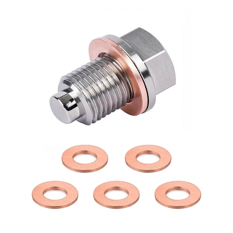 Sylvil M12x15 Magnetic Oil Drain Plug Stainless Steel Sump Drain Nut Bolt with 5 Crush Gaskets Leakproof Vehicle Engine Oil Drain Plug Replacement Universal Car Accessories