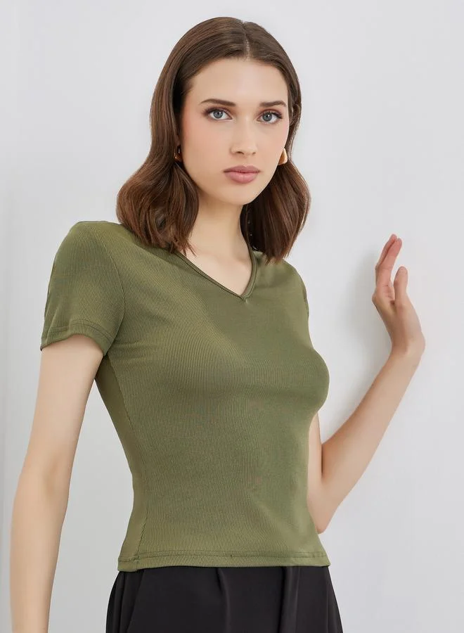 Take Two Women Olive V Neck Fitted T-Shirt