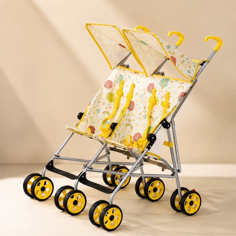 Travel stroller for airport and city use, lightweight aluminum frame, yellow, 360 rotating wheels, large canopy, linked brake, 5-point harness, umbrella fold, supports up to 30kg, suitable for 6 months+ - Image 1