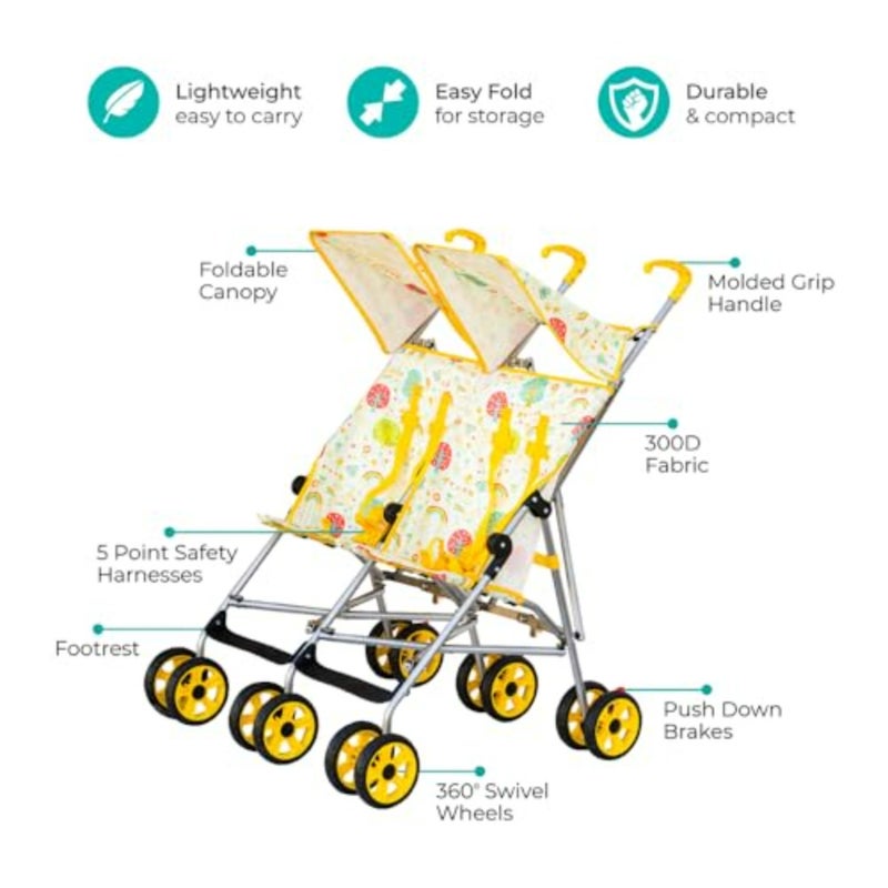 Travel stroller for airport and city use, lightweight aluminum frame, yellow, 360 rotating wheels, large canopy, linked brake, 5-point harness, umbrella fold, supports up to 30kg, suitable for 6 months+ - Image 2