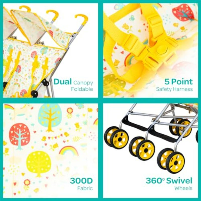 Travel stroller for airport and city use, lightweight aluminum frame, yellow, 360 rotating wheels, large canopy, linked brake, 5-point harness, umbrella fold, supports up to 30kg, suitable for 6 months+ - Image 4
