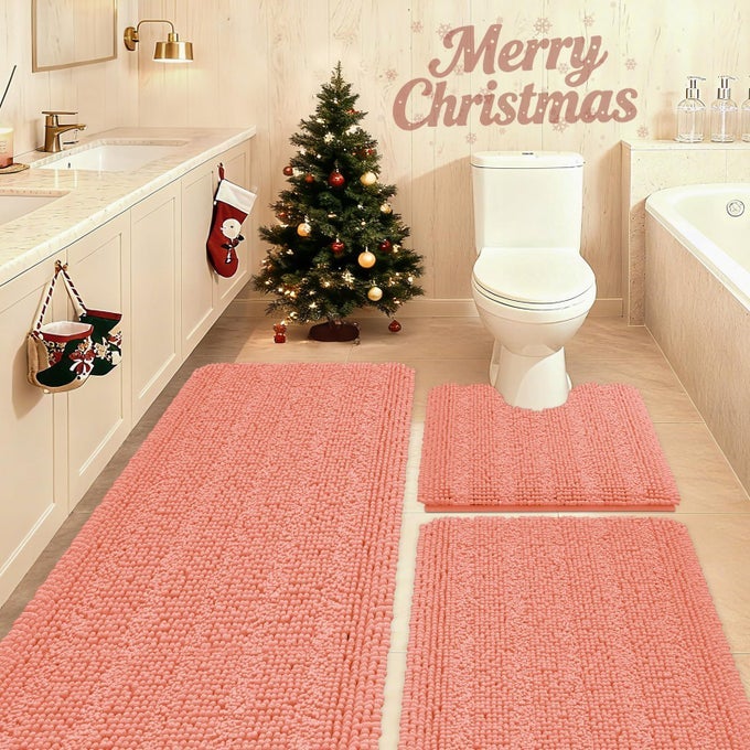 STRIPED CORAL BATHROOM RUG SET 3 PIECES ULTRA SOFT NON SLIP CHENILLE TOILET MAT ABSORBENT PLUSH SHAGGY BATH MATS FOR BATHROOM BEDROOM KITCHEN