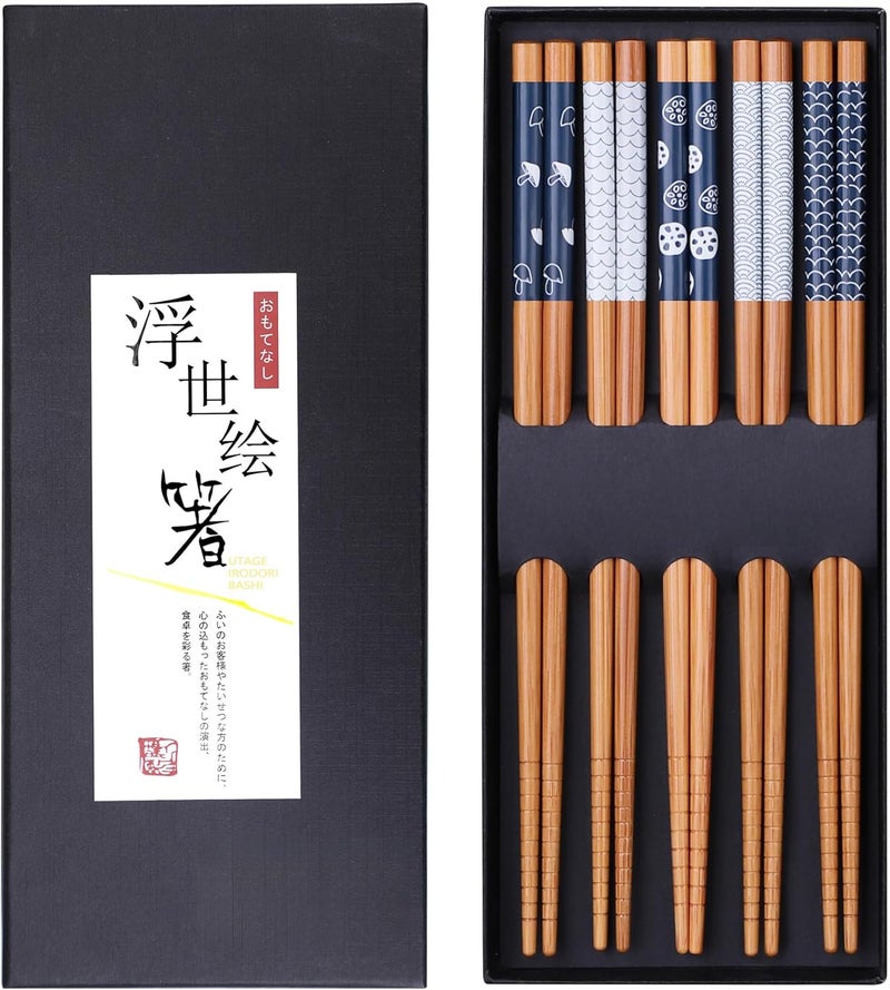 Antner 5 Pairs Bamboo Chopsticks Reusable Chop Sticks Japanese Style Bamboo Chopstick with Black Box Lightweight 8.8 Inch/22.5cm Non-Slip Chopsticks Gift Set - Image 1