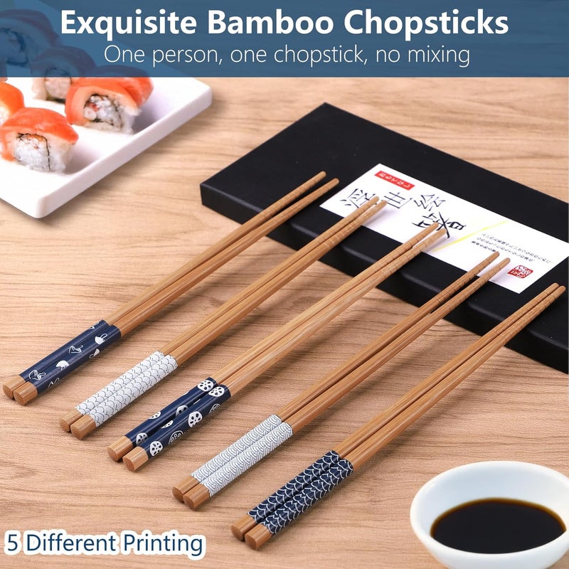 Antner 5 Pairs Bamboo Chopsticks Reusable Chop Sticks Japanese Style Bamboo Chopstick with Black Box Lightweight 8.8 Inch/22.5cm Non-Slip Chopsticks Gift Set - Image 2