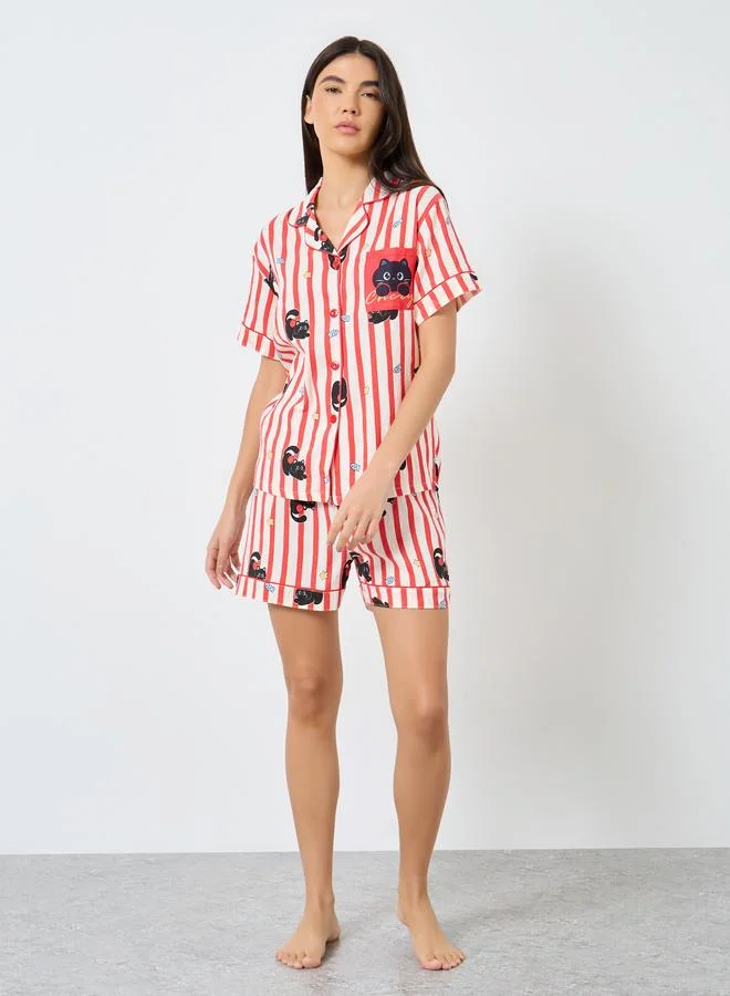 Take Two Take Two Cat Striped Print Cotton Shirt and Shorts Set
