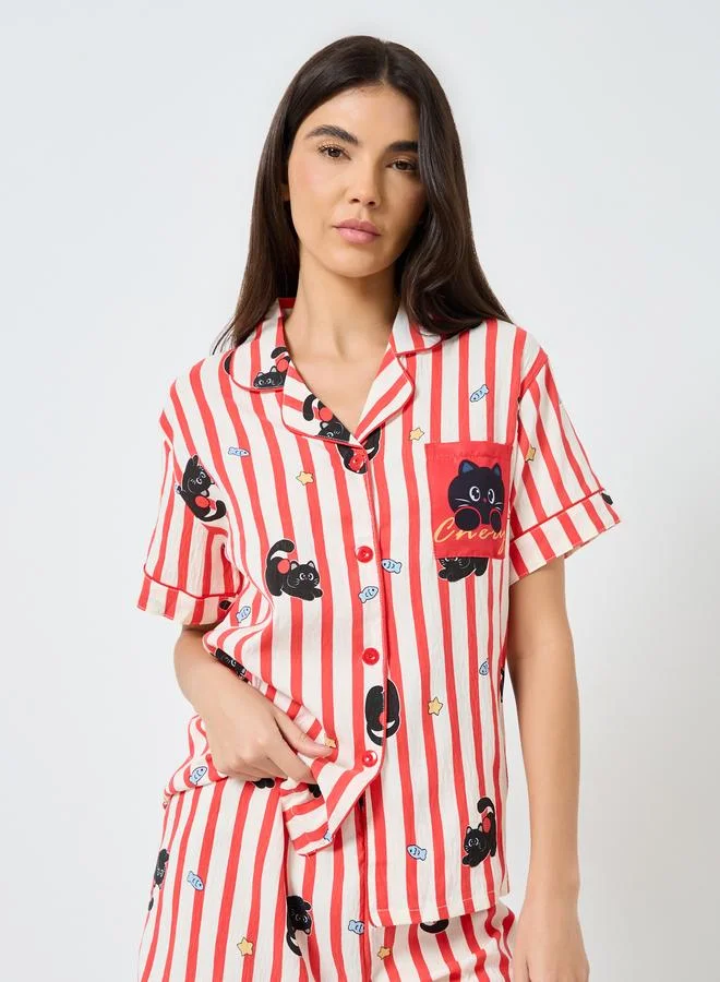 Take Two Take Two Cat Striped Print Cotton Shirt and Shorts Set