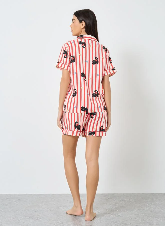 Take Two  Take Two Cat Striped Print Cotton Shirt and Shorts Set for Women | Best Price UAE