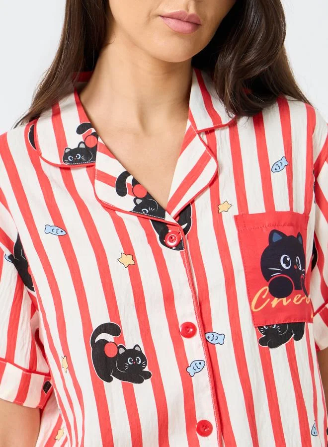 Take Two  Take Two Cat Striped Print Cotton Shirt and Shorts Set for Women | Best Price UAE