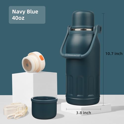 Konokyo Insulated Water Bottle with Handle and StrapVacuum Travel Tumbler with Cup LidThermo Coffee Cup for Hot Cold Drinks 40 OZNavy Blue - Image 3