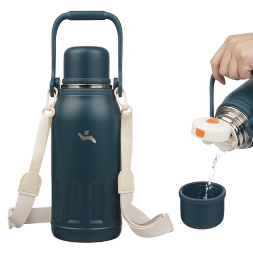 Konokyo Insulated Water Bottle with Handle and StrapVacuum Travel Tumbler with Cup LidThermo Coffee Cup for Hot Cold Drinks 40 OZNavy Blue - Image 1