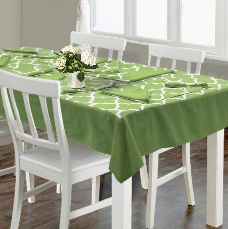 Dekor World Cotton Printed Green Ogee Collection Rectangle Table Cover with 6 Place Mat & 12 Napkin (Pack of 19) 150x225 cm / 60x90 Inches for 6 Seater Dinning Table - Image 1