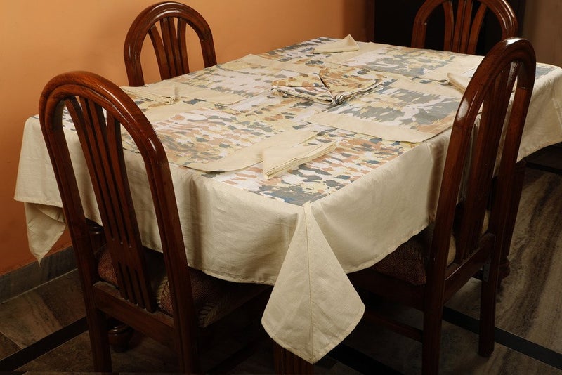 Dekor World Polyester Blend Abstract Printed Table Cover with Place Mat & Napkin - Beige, 13 Piece - Image 1