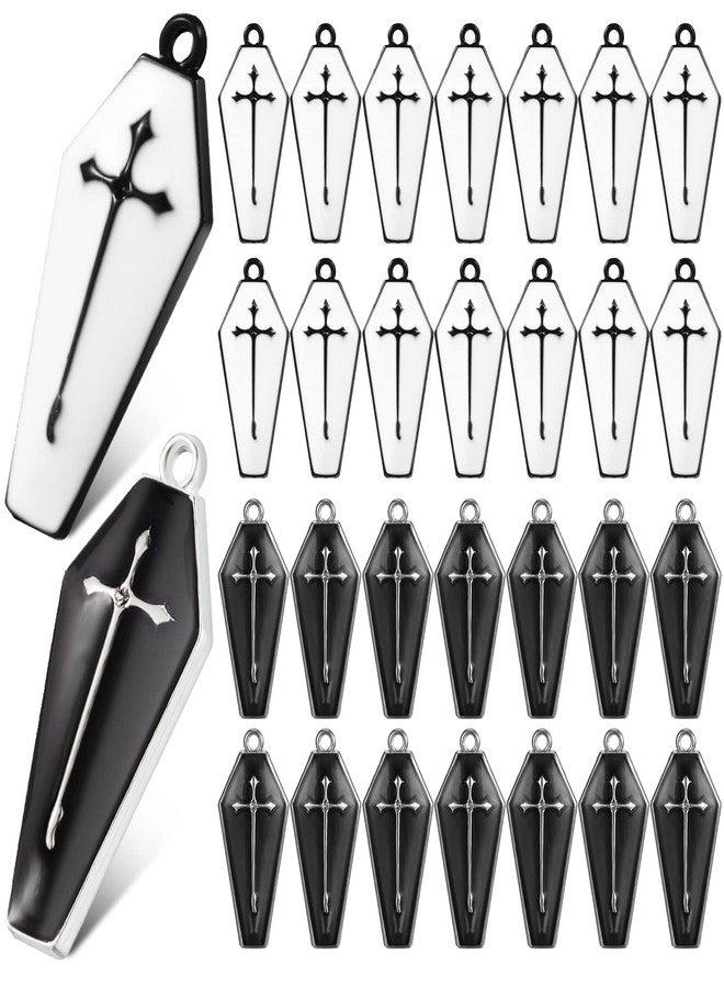 Mtlee 30 Pieces Charms for Jewelry Making Halloween Coffin Cross DIY Gothic Earring Jewelry Charms with Holes for DIY Crafts Making Halloween Party Decor(White, Black) - Image 1
