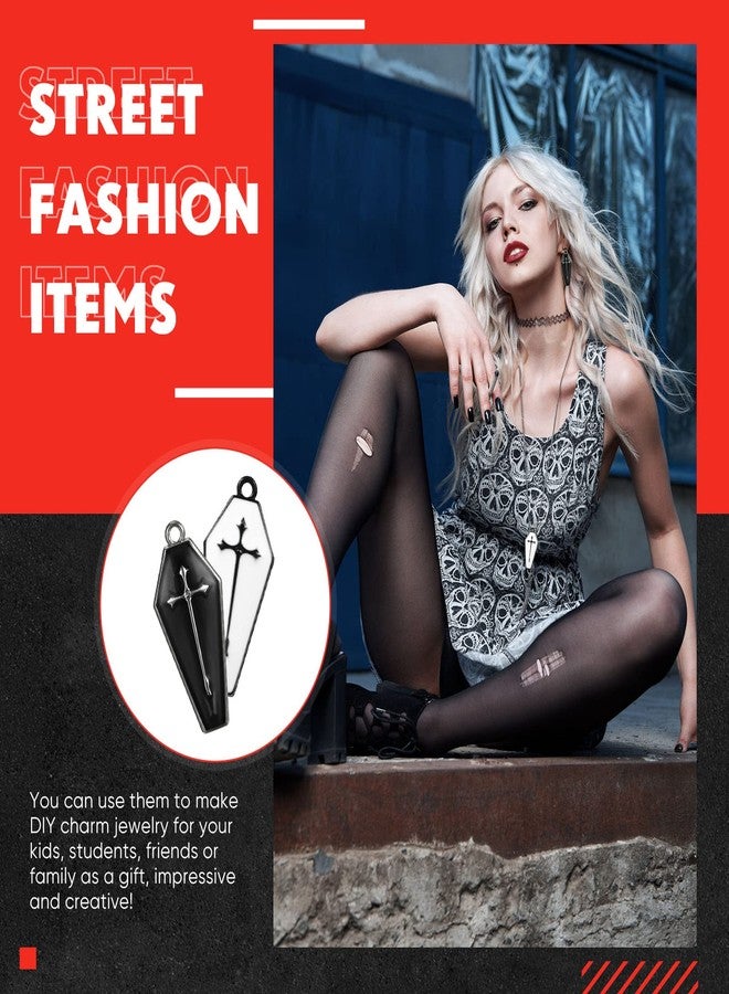 Mtlee 30 Pieces Charms for Jewelry Making Halloween Coffin Cross DIY Gothic Earring Jewelry Charms with Holes for DIY Crafts Making Halloween Party Decor(White, Black) - Image 5