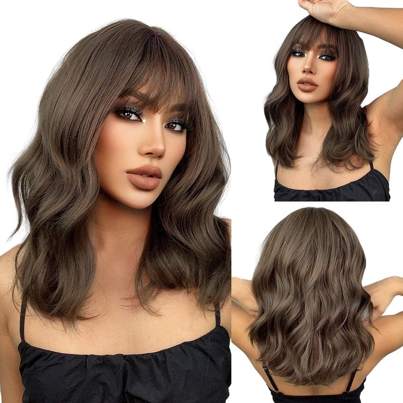 EMMOR Short Curly Wigs with BangsWavy Bob Wigs for Women Heat Resistant Synthetic Wigs Shoulder Length Wigs Natural Looking Brown
