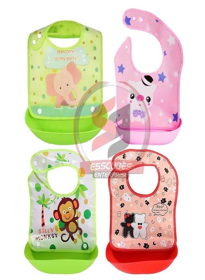 Ess Cubes Enterprise Cartoon Animal Adjustable Strap Waterproof Reusable Silicone Baby/Toddlers girl boys Bibs Apron for Lunch Feeding Babies eating detachable saliva pocket Tray/Food Catcher Mix Color (4) - Image 1