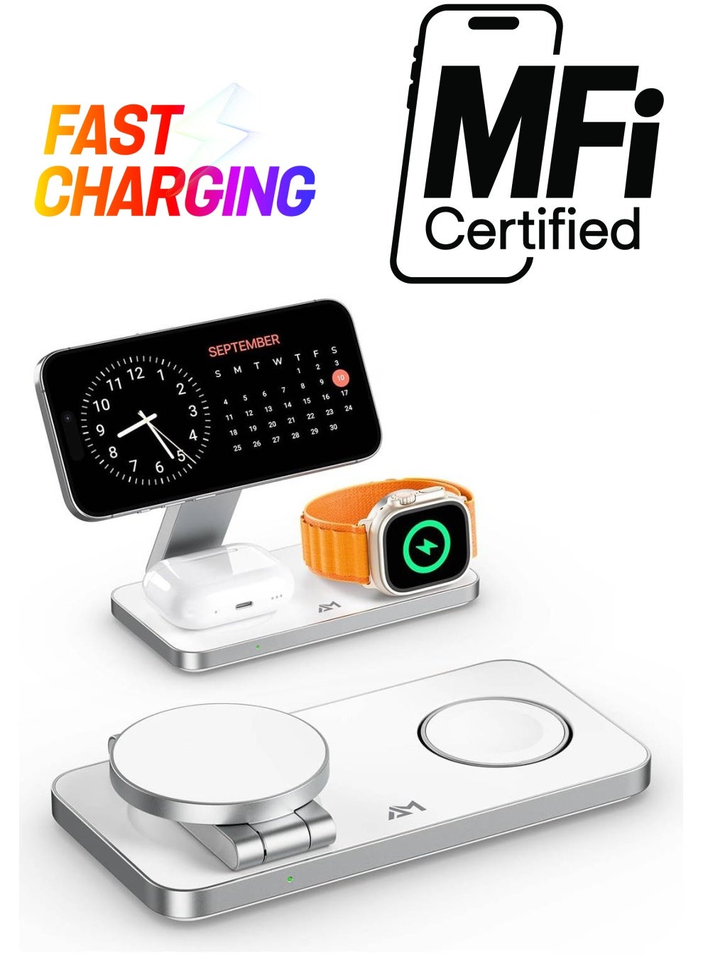 AMROAH Foldable 3 in 1 Wireless Charging Station with Magsafe Charger Stand, Wireless Charger for Multiple Devices iPhone 16 15 14 13 12 11 X Pro Max Plus Watch AirPods, White