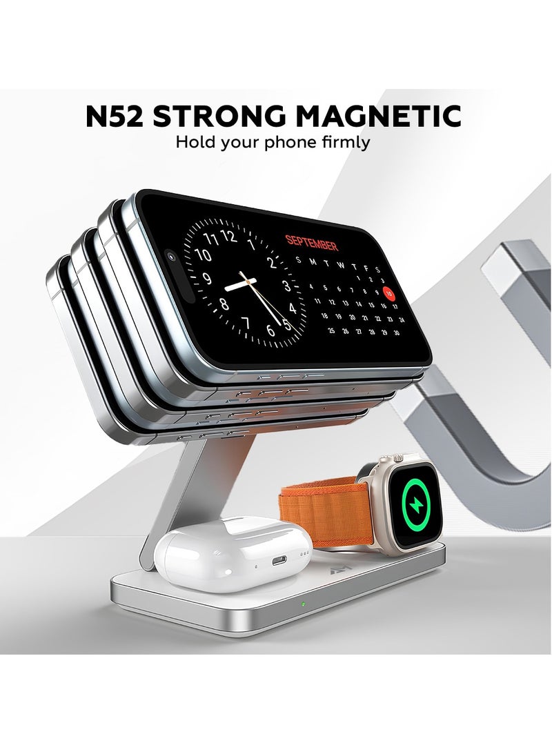 AMROAH - Foldable 3 in 1 Wireless Charging Station with Magsafe Charger Stand, Wireless Charger for Multiple Devices iPhone 16 15 14 13 12 11 X Pro Max Plus Watch AirPods Samsung Galaxy S24 S23 S22 Plus Ultra - Image 1