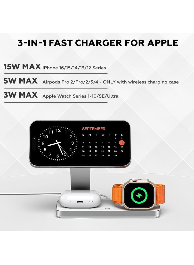 AMROAH - Foldable 3 in 1 Wireless Charging Station with Magsafe Charger Stand, Wireless Charger for Multiple Devices iPhone 16 15 14 13 12 11 X Pro Max Plus Watch AirPods Samsung Galaxy S24 S23 S22 Plus Ultra - Image 1