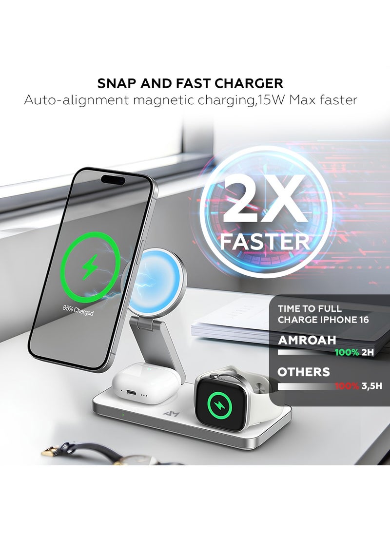 AMROAH - Foldable 3 in 1 Wireless Charging Station with Magsafe Charger Stand, Wireless Charger for Multiple Devices iPhone 16 15 14 13 12 11 X Pro Max Plus Watch AirPods Samsung Galaxy S24 S23 S22 Plus Ultra - Image 1