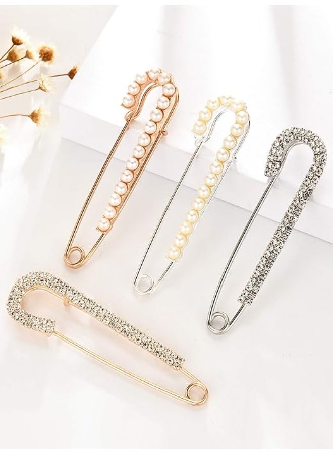 Women Brooch Pins Sweater Shawl Clips Faux Crystal Pearl Brooches Safety Pins Dress Shirt Clips for Women Gold Silver (4 Pieces) - Image 5