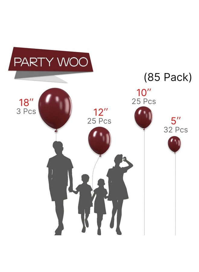 PartyWoo - Burgundy Balloons, 85 Pcs Wine Red Balloons Different Sizes Pack Of 18 Inch 12 Inch 10 Inch 5 Inch Maroon Balloons For Balloon Garland Or Balloon Arch As Birthday Party Decorations, Red-Y62 - Image 1