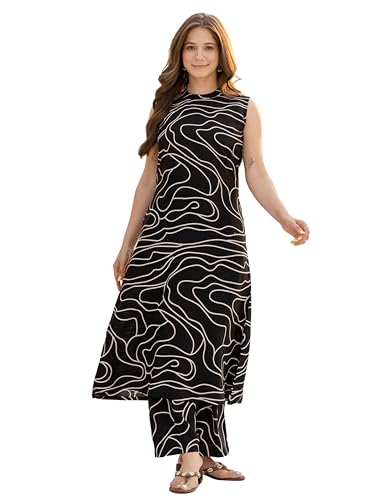 rytras Women's Pure Cotton Printed Ethnic Wear Sleeveless A-Line Kurta Set with Palazzo Pants(RYT652,Black,S) - Image 1