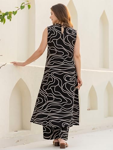 rytras Women's Pure Cotton Printed Ethnic Wear Sleeveless A-Line Kurta Set with Palazzo Pants(RYT652,Black,S) - Image 2